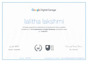 Google Digital Garage Certificate of Lalitha Lakshmi - India's Best Digital Marketing Trainer & Consultant