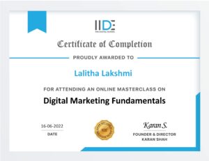 IIDE Certificate of Lalitha Lakshmi uploaded in Idodigimarketing - India's Best Digital Marketing Trainer & Consultant