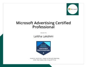 Microsoft Advertising Certificate of Lalitha Lakshmi - India's Best Digital Marketing Trainer & Consultant