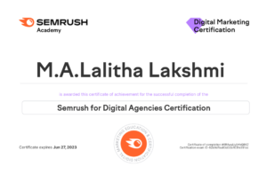 Semrush Certificate of Lalitha Lakshmi - India's Best Digital Marketing Trainer & Consultant